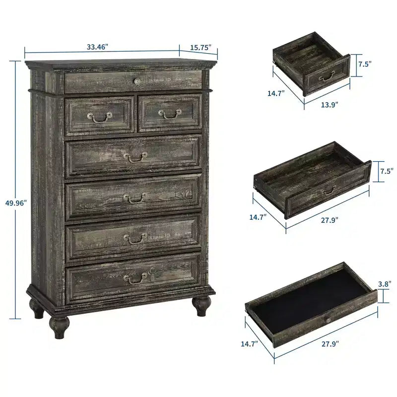 Commode de chambre à 7 tiroirs de style ferme, commode en bois de 127 cm de haut avec texture naturelle, grands tiroirs de 3 tailles différentes, commode rustique de style ferme