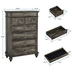 Commode de chambre à 7 tiroirs de style ferme, commode en bois de 127 cm de haut avec texture naturelle, grands tiroirs de 3 tailles différentes, commode rustique de style ferme