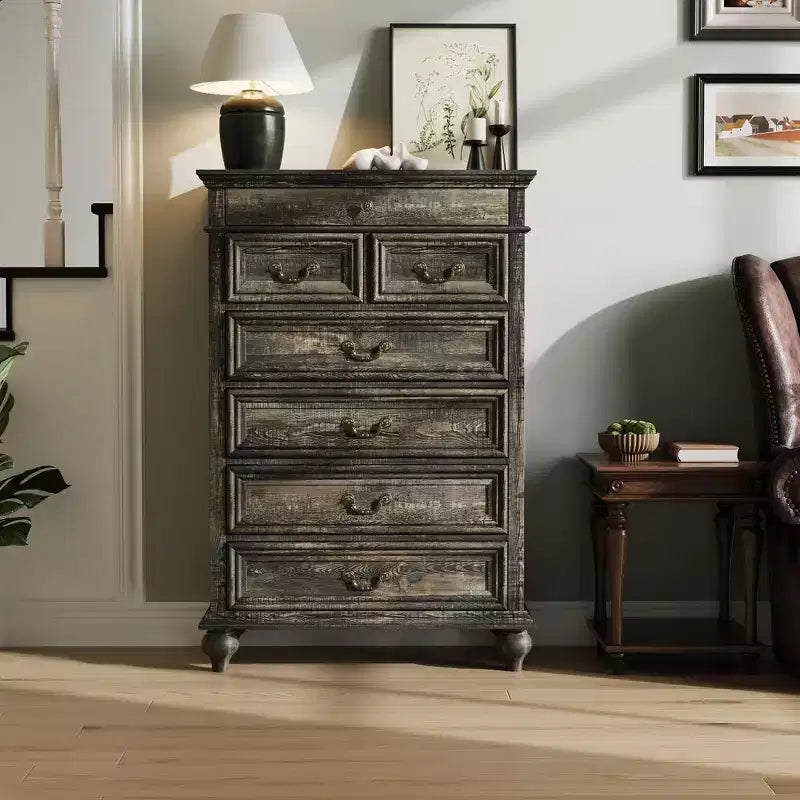 Commode de chambre à 7 tiroirs de style ferme, commode en bois de 127 cm de haut avec texture naturelle, grands tiroirs de 3 tailles différentes, commode rustique de style ferme