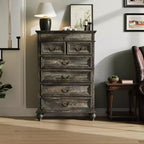 Commode de chambre à 7 tiroirs de style ferme, commode en bois de 127 cm de haut avec texture naturelle, grands tiroirs de 3 tailles différentes, commode rustique de style ferme