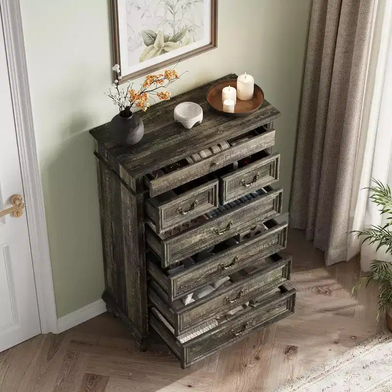 Commode de chambre à 7 tiroirs de style ferme, commode en bois de 127 cm de haut avec texture naturelle, grands tiroirs de 3 tailles différentes, commode rustique de style ferme
