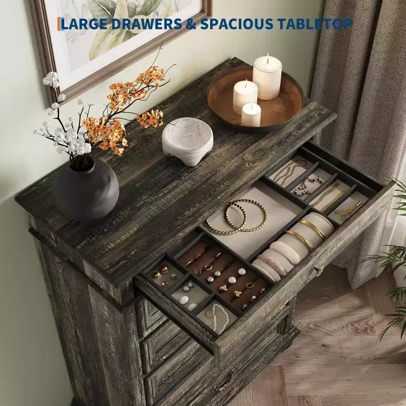 Commode de chambre à 7 tiroirs de style ferme, commode en bois de 127 cm de haut avec texture naturelle, grands tiroirs de 3 tailles différentes, commode rustique de style ferme