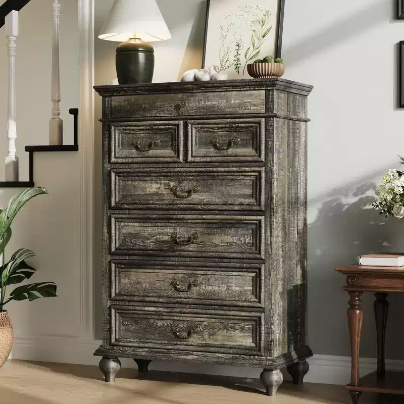 Commode de chambre à 7 tiroirs de style ferme, commode en bois de 127 cm de haut avec texture naturelle, grands tiroirs de 3 tailles différentes, commode rustique de style ferme