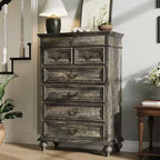 Commode de chambre à 7 tiroirs de style ferme, commode en bois de 127 cm de haut avec texture naturelle, grands tiroirs de 3 tailles différentes, commode rustique de style ferme