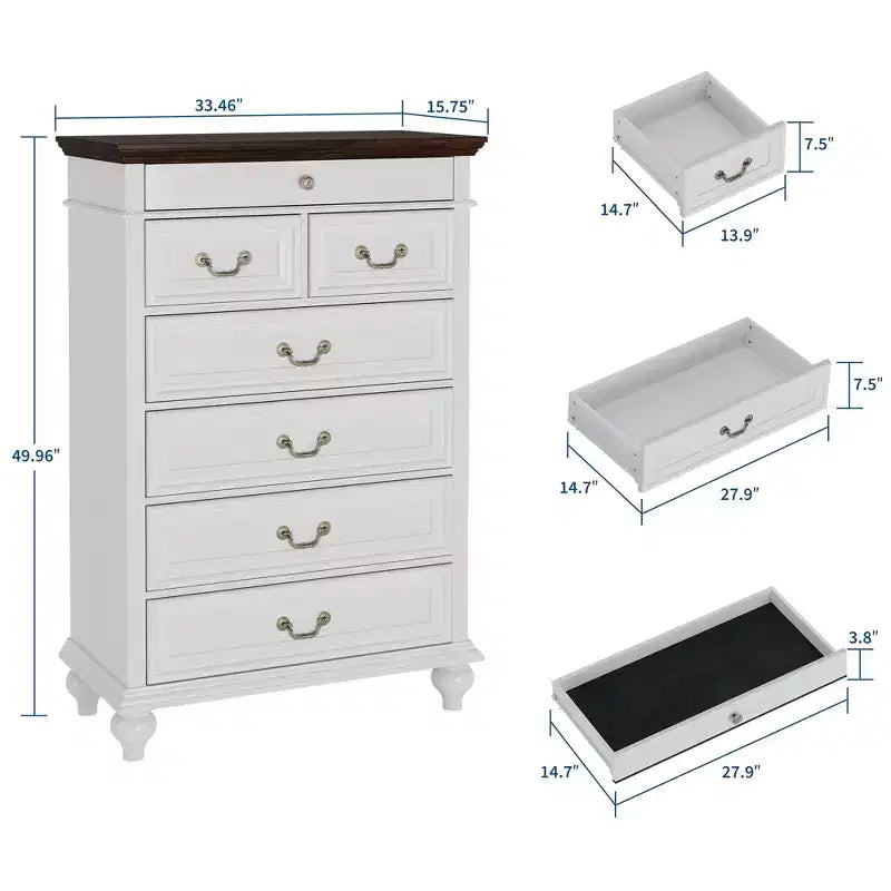 Commode de chambre à 7 tiroirs de style ferme, commode en bois de 127 cm de haut avec texture naturelle, grands tiroirs de 3 tailles différentes, commode rustique de style ferme