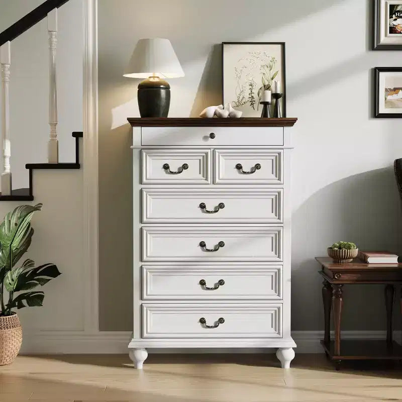 Commode de chambre à 7 tiroirs de style ferme, commode en bois de 127 cm de haut avec texture naturelle, grands tiroirs de 3 tailles différentes, commode rustique de style ferme