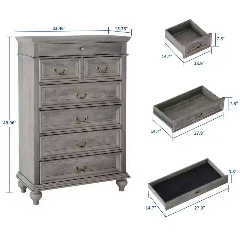 Commode de chambre à 7 tiroirs de style ferme, commode en bois de 127 cm de haut avec texture naturelle, grands tiroirs de 3 tailles différentes, commode rustique de style ferme