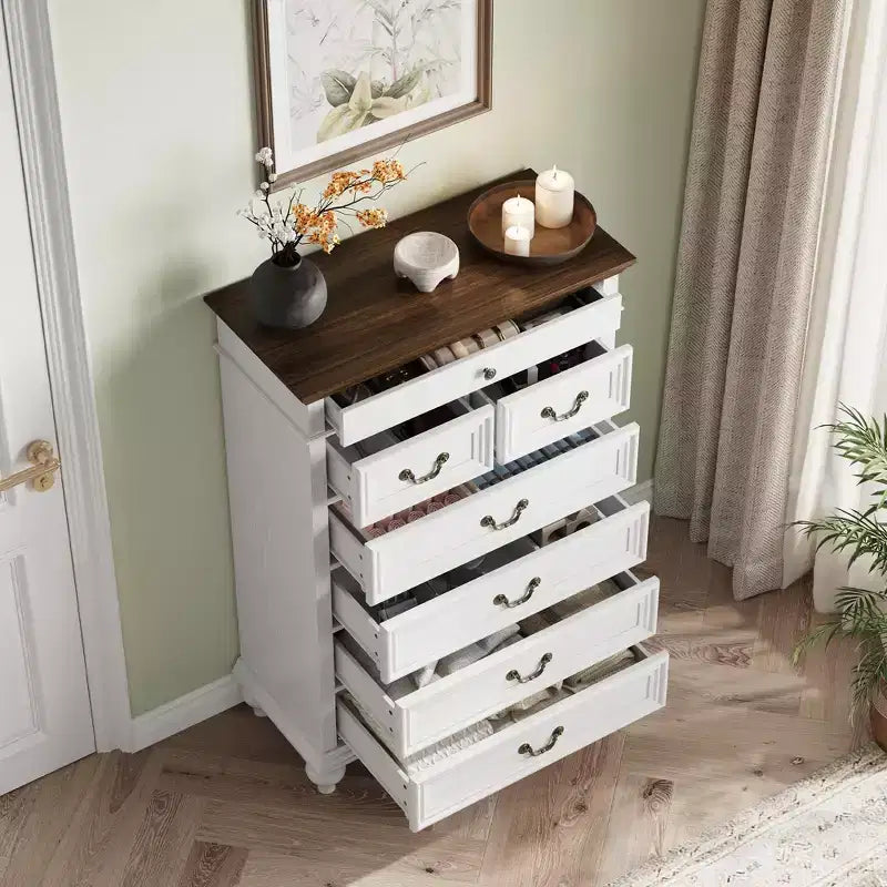 Commode de chambre à 7 tiroirs de style ferme, commode en bois de 127 cm de haut avec texture naturelle, grands tiroirs de 3 tailles différentes, commode rustique de style ferme