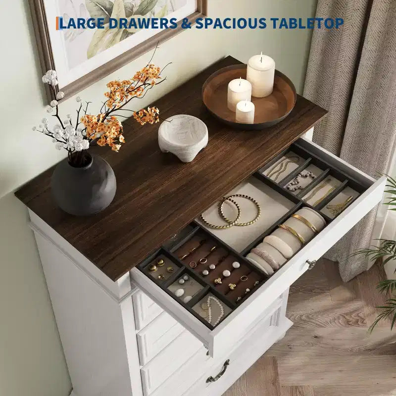 Commode de chambre à 7 tiroirs de style ferme, commode en bois de 127 cm de haut avec texture naturelle, grands tiroirs de 3 tailles différentes, commode rustique de style ferme