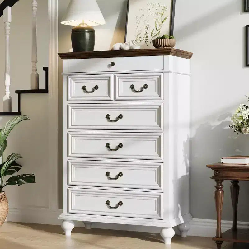 Commode de chambre à 7 tiroirs de style ferme, commode en bois de 127 cm de haut avec texture naturelle, grands tiroirs de 3 tailles différentes, commode rustique de style ferme