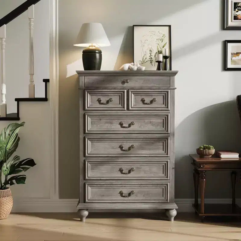 Commode de chambre à 7 tiroirs de style ferme, commode en bois de 127 cm de haut avec texture naturelle, grands tiroirs de 3 tailles différentes, commode rustique de style ferme
