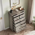 Commode de chambre à 7 tiroirs de style ferme, commode en bois de 127 cm de haut avec texture naturelle, grands tiroirs de 3 tailles différentes, commode rustique de style ferme