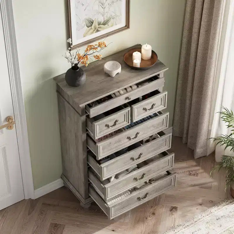 Commode de chambre à 7 tiroirs de style ferme, commode en bois de 127 cm de haut avec texture naturelle, grands tiroirs de 3 tailles différentes, commode rustique de style ferme