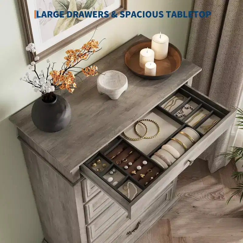 Commode de chambre à 7 tiroirs de style ferme, commode en bois de 127 cm de haut avec texture naturelle, grands tiroirs de 3 tailles différentes, commode rustique de style ferme