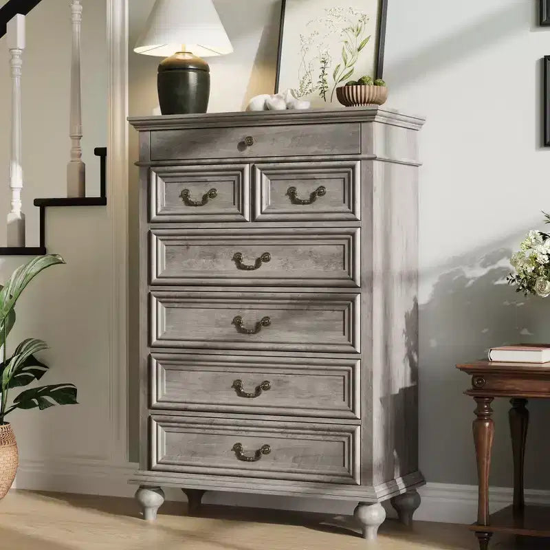 Commode de chambre à 7 tiroirs de style ferme, commode en bois de 127 cm de haut avec texture naturelle, grands tiroirs de 3 tailles différentes, commode rustique de style ferme
