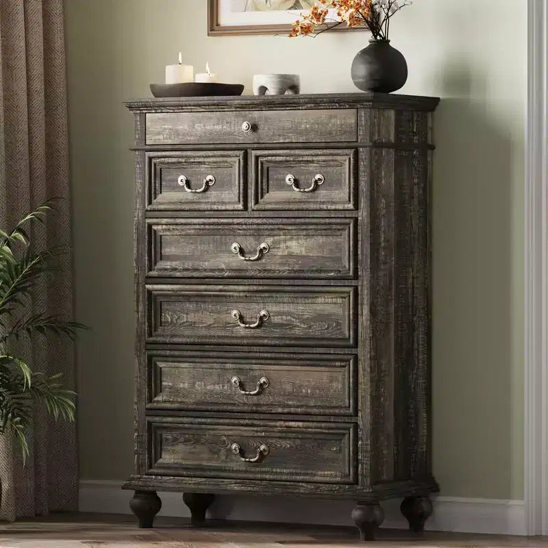 Commode de chambre à 7 tiroirs de style ferme, commode en bois de 127 cm de haut avec texture naturelle, grands tiroirs de 3 tailles différentes, commode rustique de style ferme