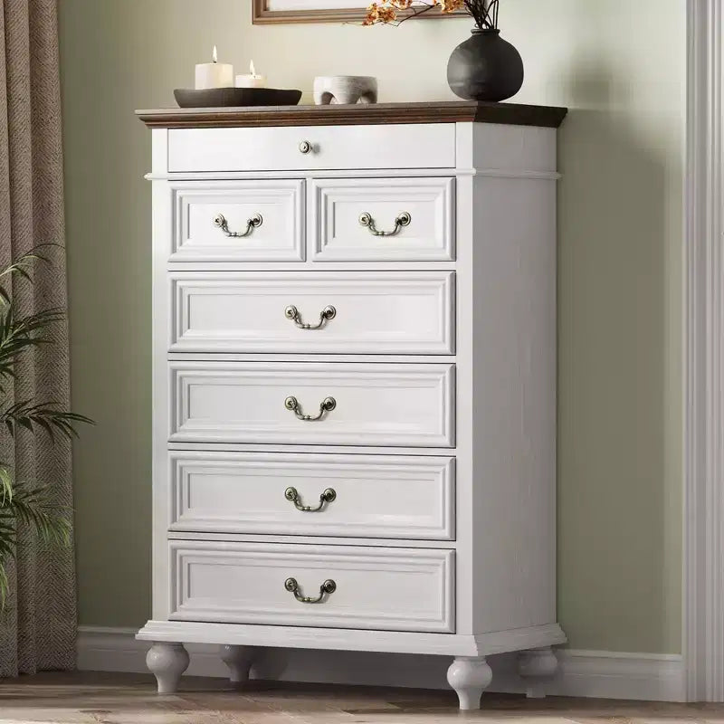 Commode de chambre à 7 tiroirs de style ferme, commode en bois de 127 cm de haut avec texture naturelle, grands tiroirs de 3 tailles différentes, commode rustique de style ferme