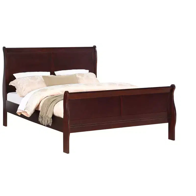 Lit traîneau 62 Queen en bois massif avec tête et pied de lit, design bas et sûr pour chambre d'enfant, cerisier