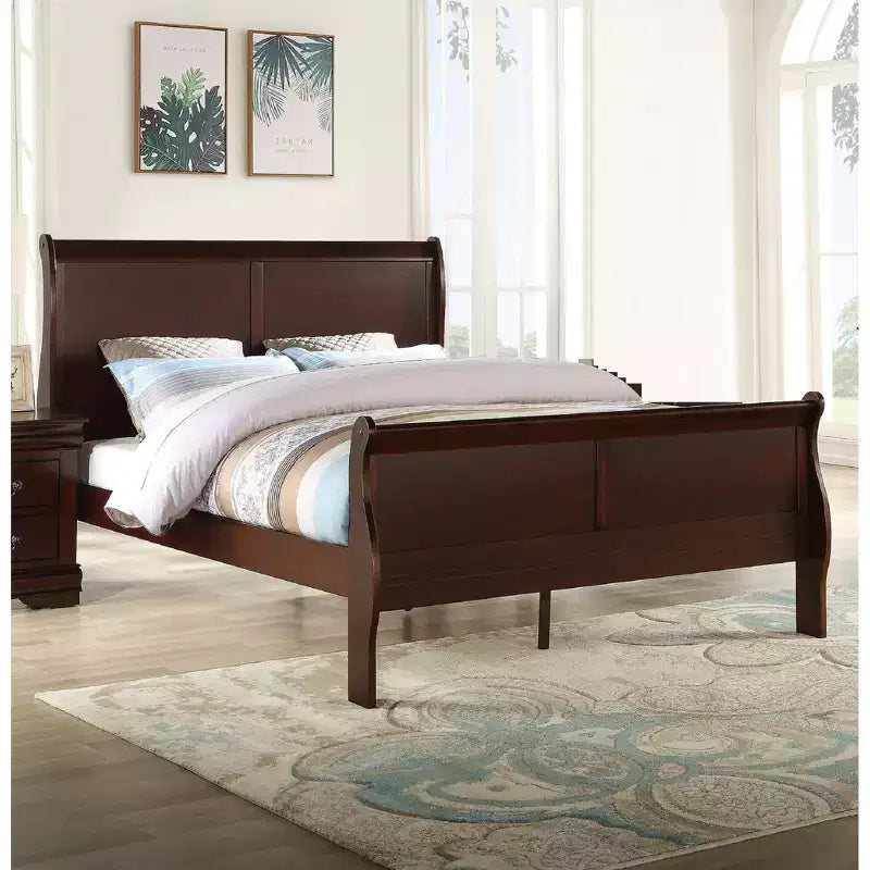 Lit traîneau 62 Queen en bois massif avec tête et pied de lit, design bas et sûr pour chambre d'enfant, cerisier