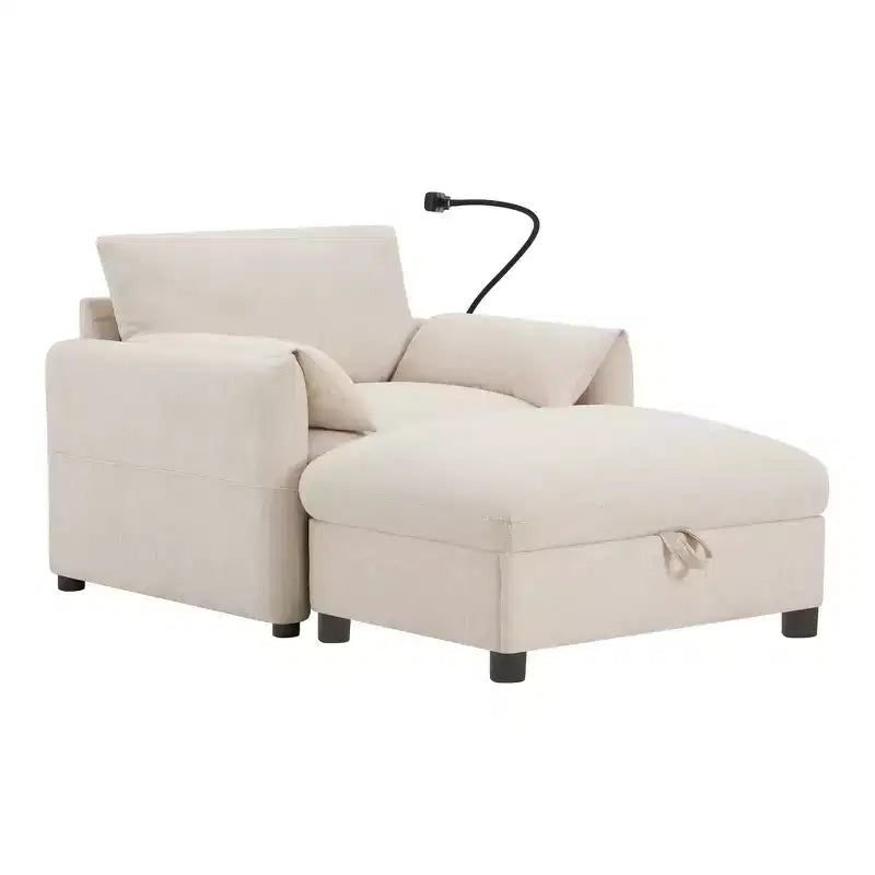 Canapé simple et méridienne surdimensionnés en chenille avec pouf de rangement, support de téléphone réglable, ports de charge, poches latérales