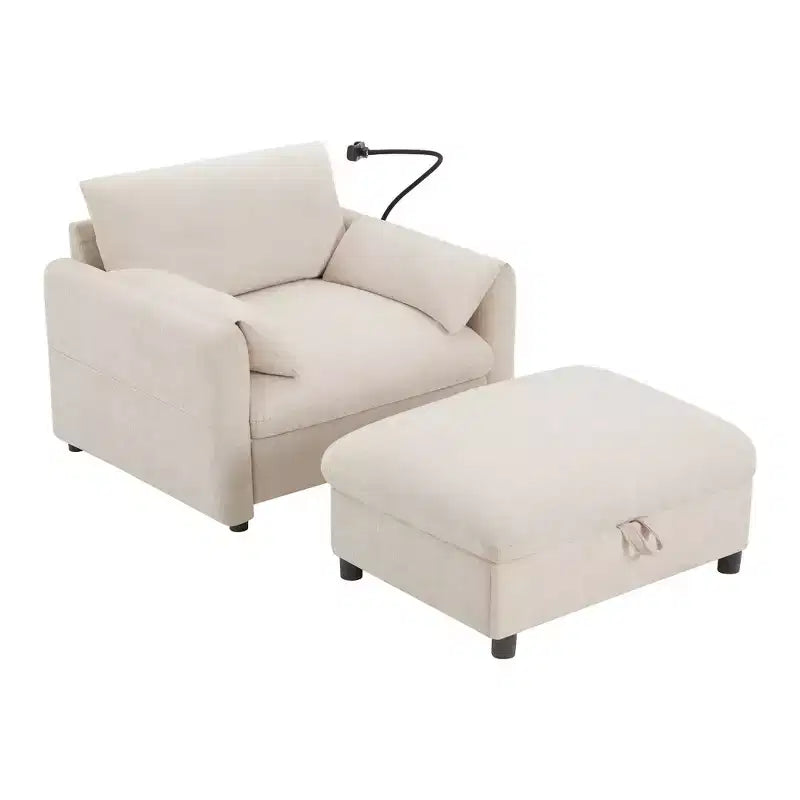 Canapé simple et méridienne surdimensionnés en chenille avec pouf de rangement, support de téléphone réglable, ports de charge, poches latérales