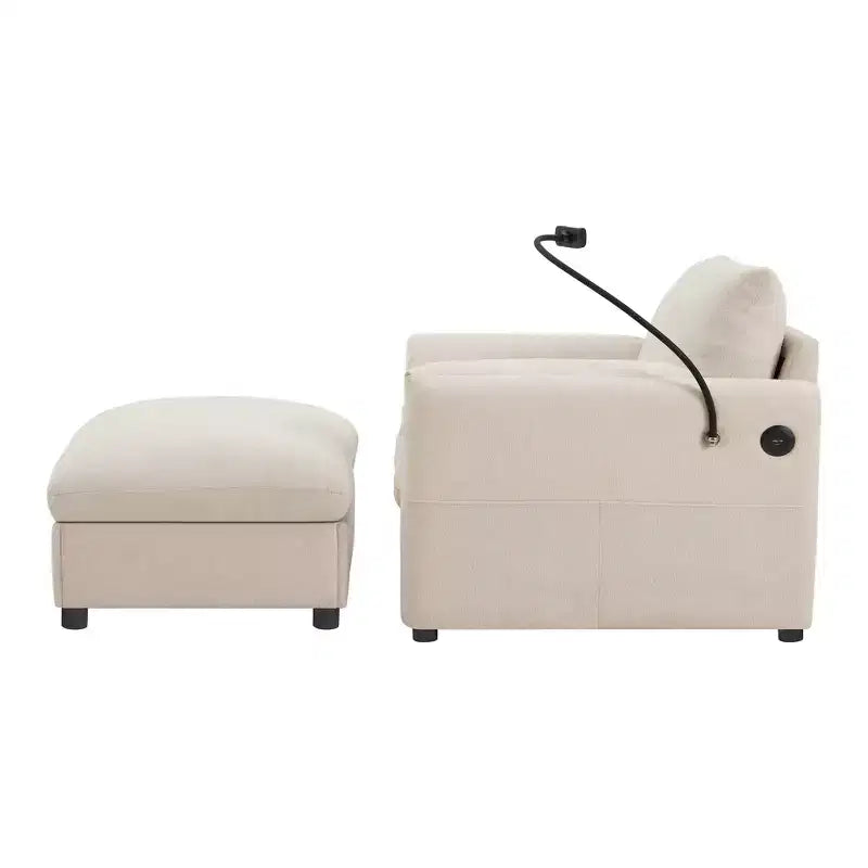 Canapé simple et méridienne surdimensionnés en chenille avec pouf de rangement, support de téléphone réglable, ports de charge, poches latérales