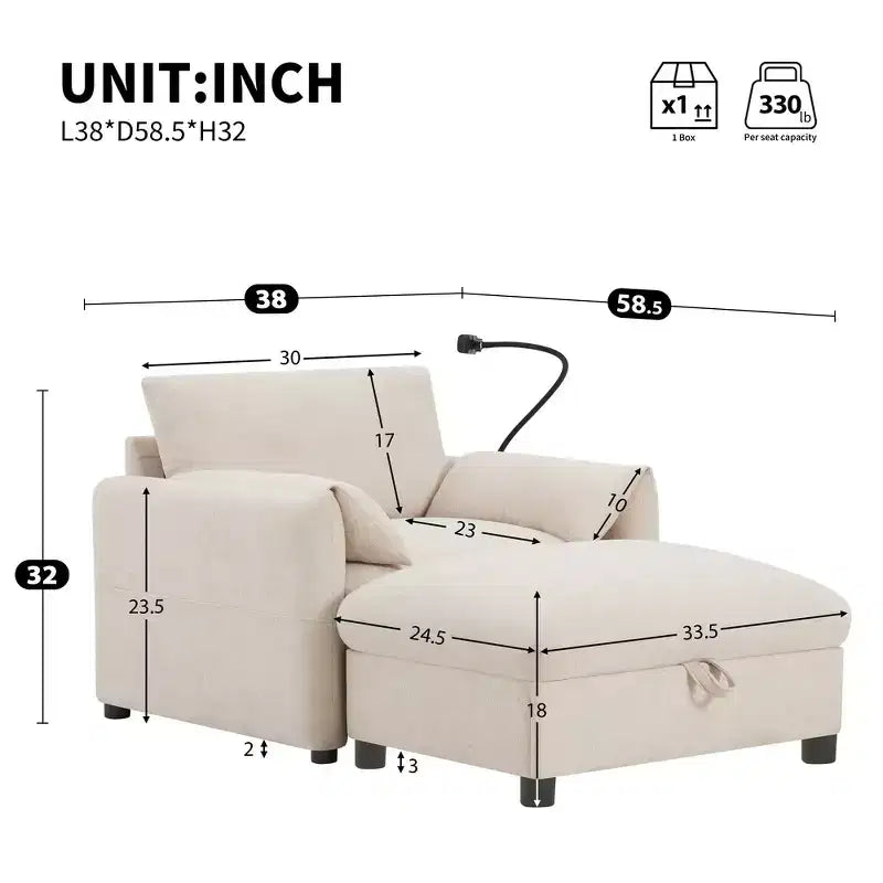 Canapé simple et méridienne surdimensionnés en chenille avec pouf de rangement, support de téléphone réglable, ports de charge, poches latérales