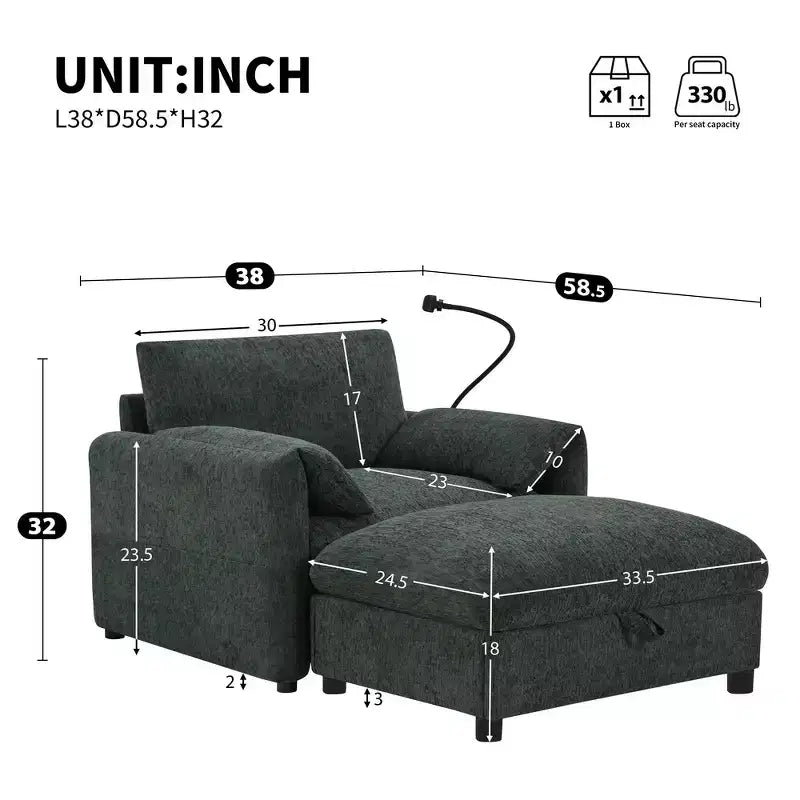 Canapé simple et méridienne surdimensionnés en chenille avec pouf de rangement, support de téléphone réglable, ports de charge, poches latérales