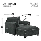 Canapé simple et méridienne surdimensionnés en chenille avec pouf de rangement, support de téléphone réglable, ports de charge, poches latérales