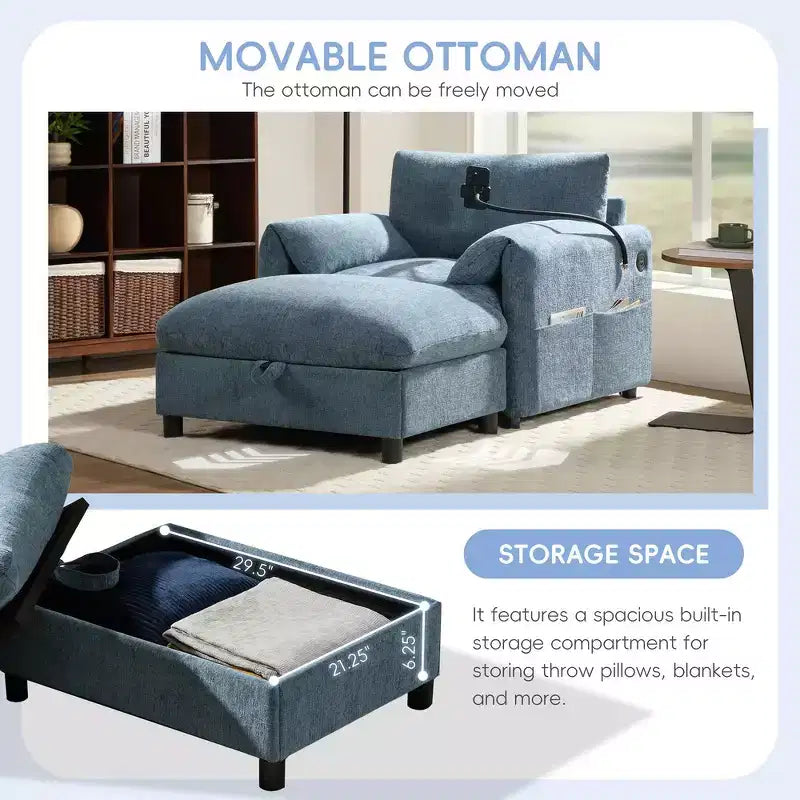 Canapé simple et méridienne surdimensionnés en chenille avec pouf de rangement, support de téléphone réglable, ports de charge, poches latérales