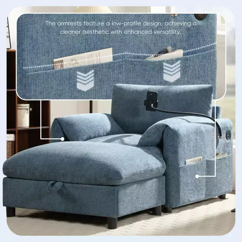 Canapé simple et méridienne surdimensionnés en chenille avec pouf de rangement, support de téléphone réglable, ports de charge, poches latérales