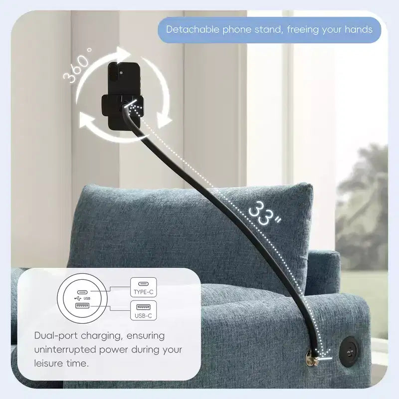 Canapé simple et méridienne surdimensionnés en chenille avec pouf de rangement, support de téléphone réglable, ports de charge, poches latérales