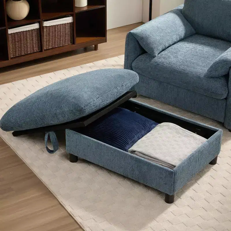 Canapé simple et méridienne surdimensionnés en chenille avec pouf de rangement, support de téléphone réglable, ports de charge, poches latérales
