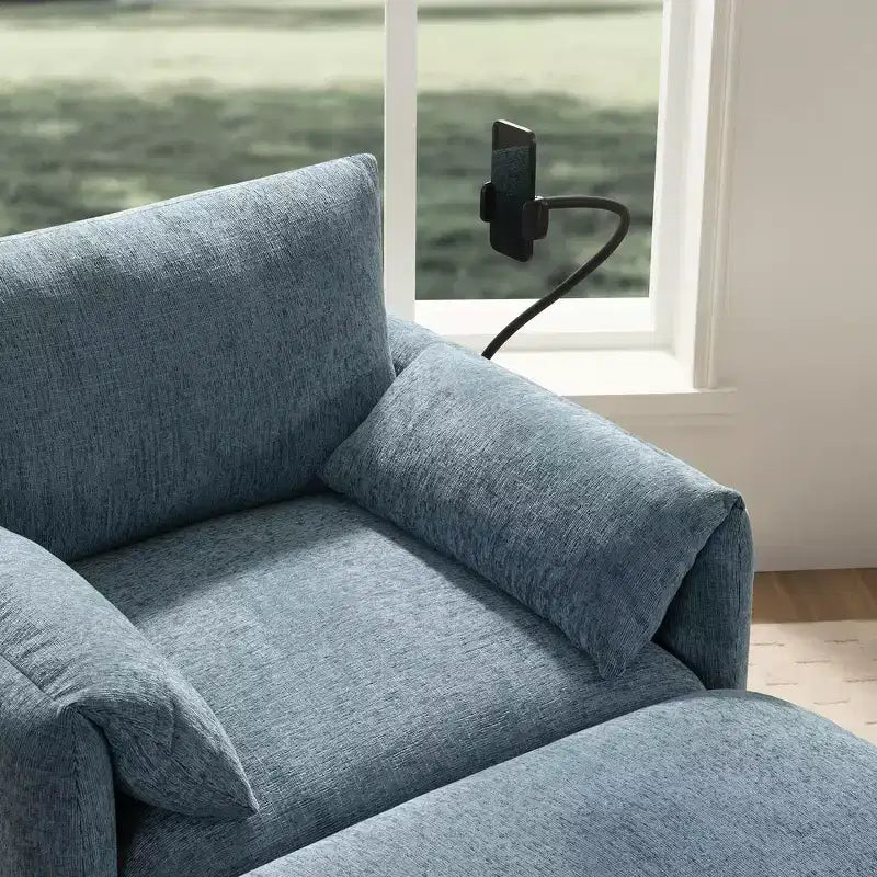 Canapé simple et méridienne surdimensionnés en chenille avec pouf de rangement, support de téléphone réglable, ports de charge, poches latérales