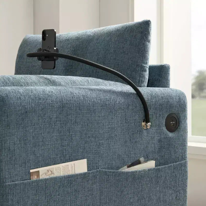 Canapé simple et méridienne surdimensionnés en chenille avec pouf de rangement, support de téléphone réglable, ports de charge, poches latérales