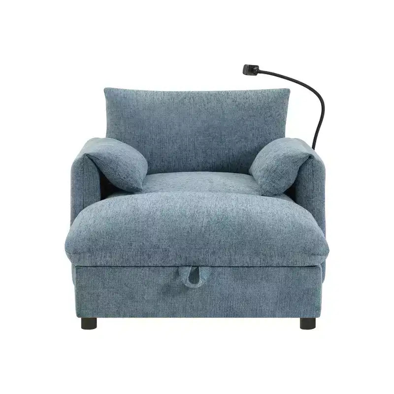Canapé simple et méridienne surdimensionnés en chenille avec pouf de rangement, support de téléphone réglable, ports de charge, poches latérales