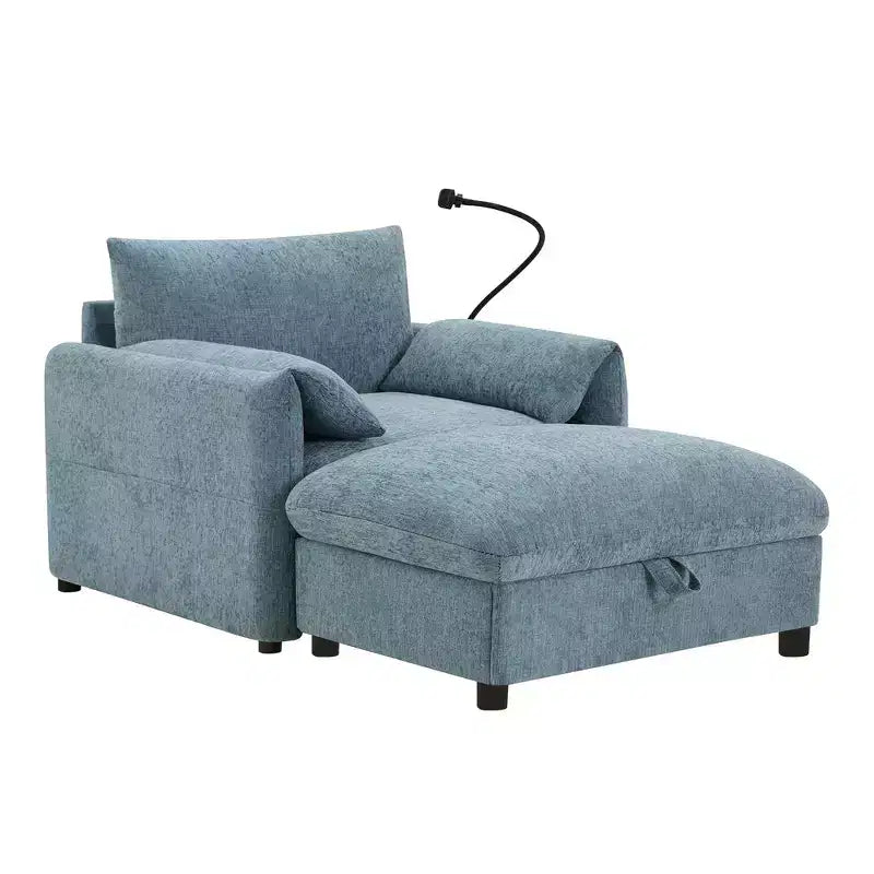 Canapé simple et méridienne surdimensionnés en chenille avec pouf de rangement, support de téléphone réglable, ports de charge, poches latérales