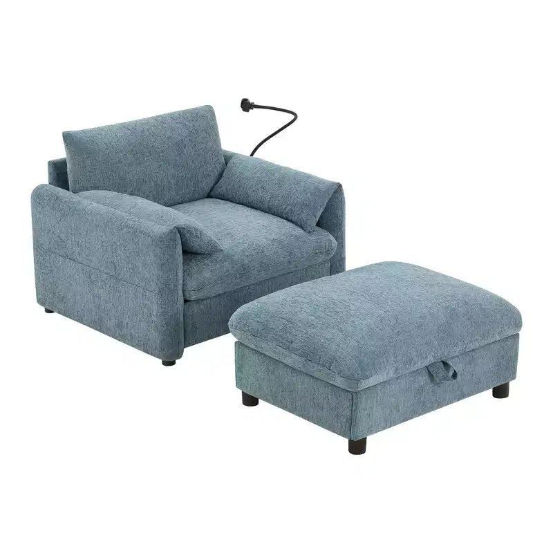 Canapé simple et méridienne surdimensionnés en chenille avec pouf de rangement, support de téléphone réglable, ports de charge, poches latérales