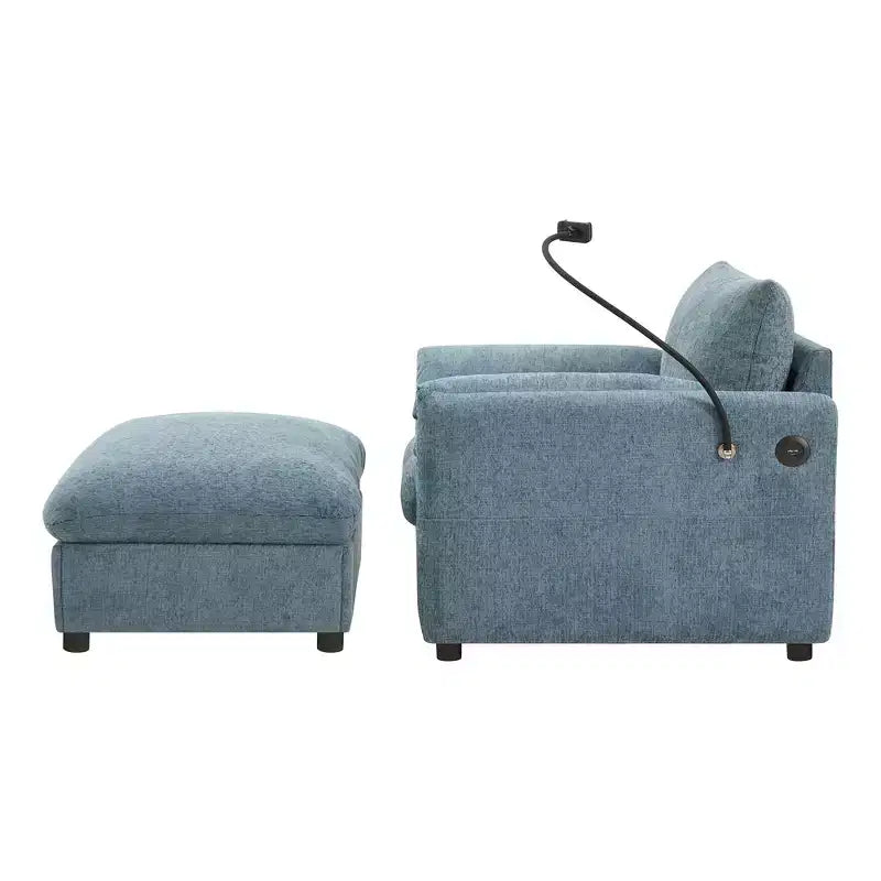 Canapé simple et méridienne surdimensionnés en chenille avec pouf de rangement, support de téléphone réglable, ports de charge, poches latérales