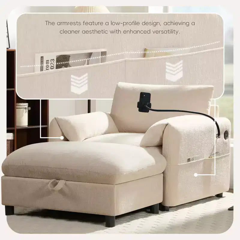 Canapé simple et méridienne surdimensionnés en chenille avec pouf de rangement, support de téléphone réglable, ports de charge, poches latérales