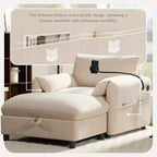 Canapé simple et méridienne surdimensionnés en chenille avec pouf de rangement, support de téléphone réglable, ports de charge, poches latérales