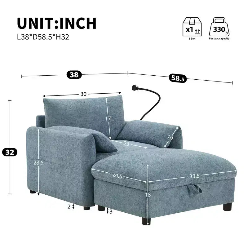 Canapé simple et méridienne surdimensionnés en chenille avec pouf de rangement, support de téléphone réglable, ports de charge, poches latérales