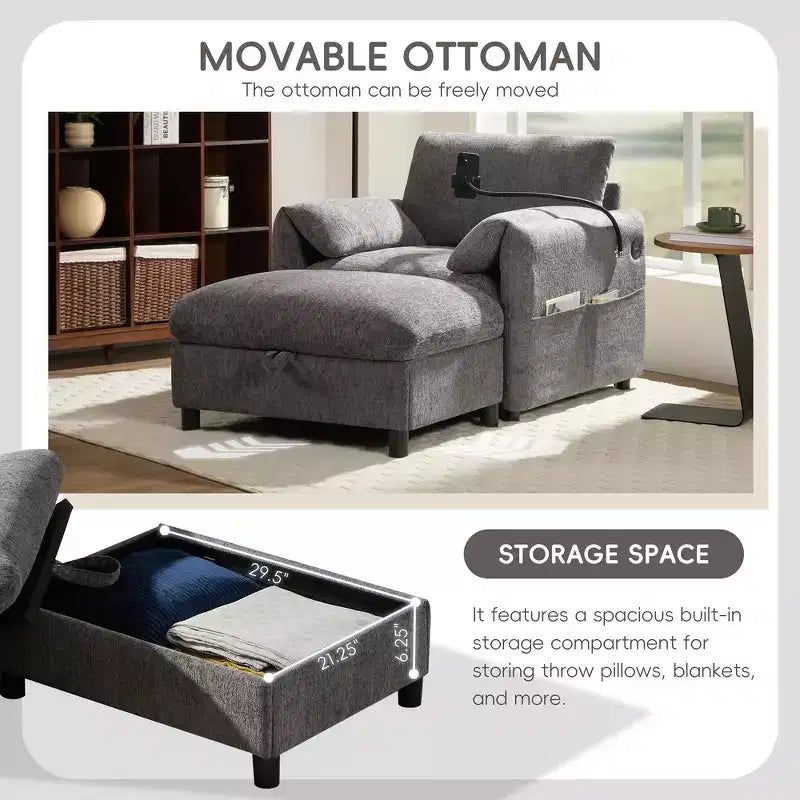 Canapé simple et méridienne surdimensionnés en chenille avec pouf de rangement, support de téléphone réglable, ports de charge, poches latérales