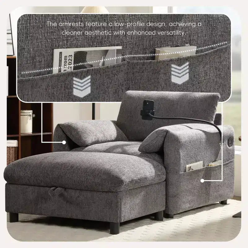 Canapé simple et méridienne surdimensionnés en chenille avec pouf de rangement, support de téléphone réglable, ports de charge, poches latérales
