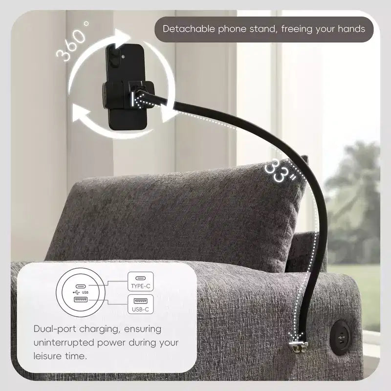 Canapé simple et méridienne surdimensionnés en chenille avec pouf de rangement, support de téléphone réglable, ports de charge, poches latérales