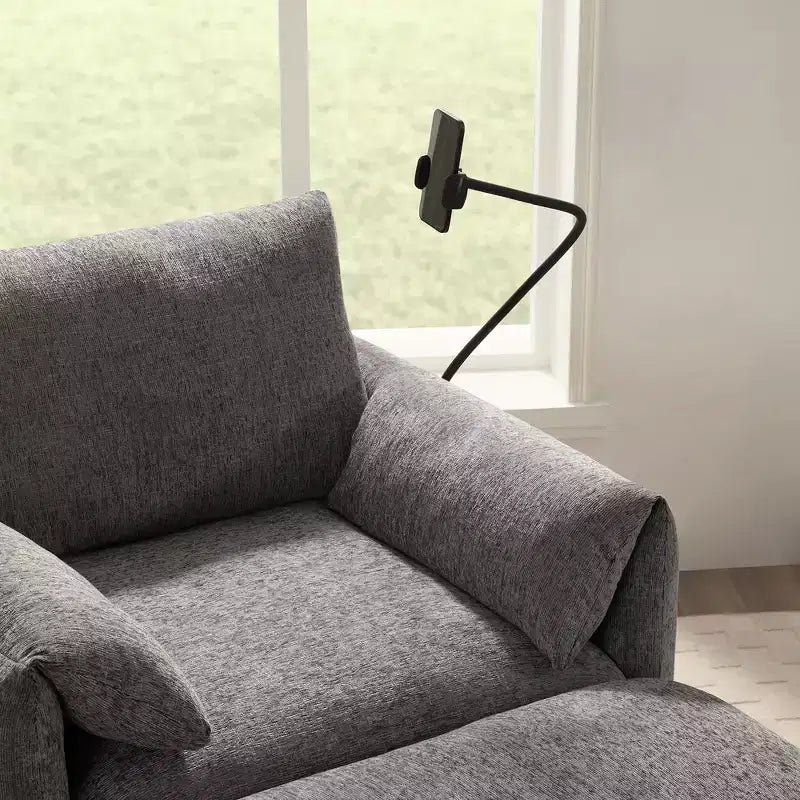 Canapé simple et méridienne surdimensionnés en chenille avec pouf de rangement, support de téléphone réglable, ports de charge, poches latérales