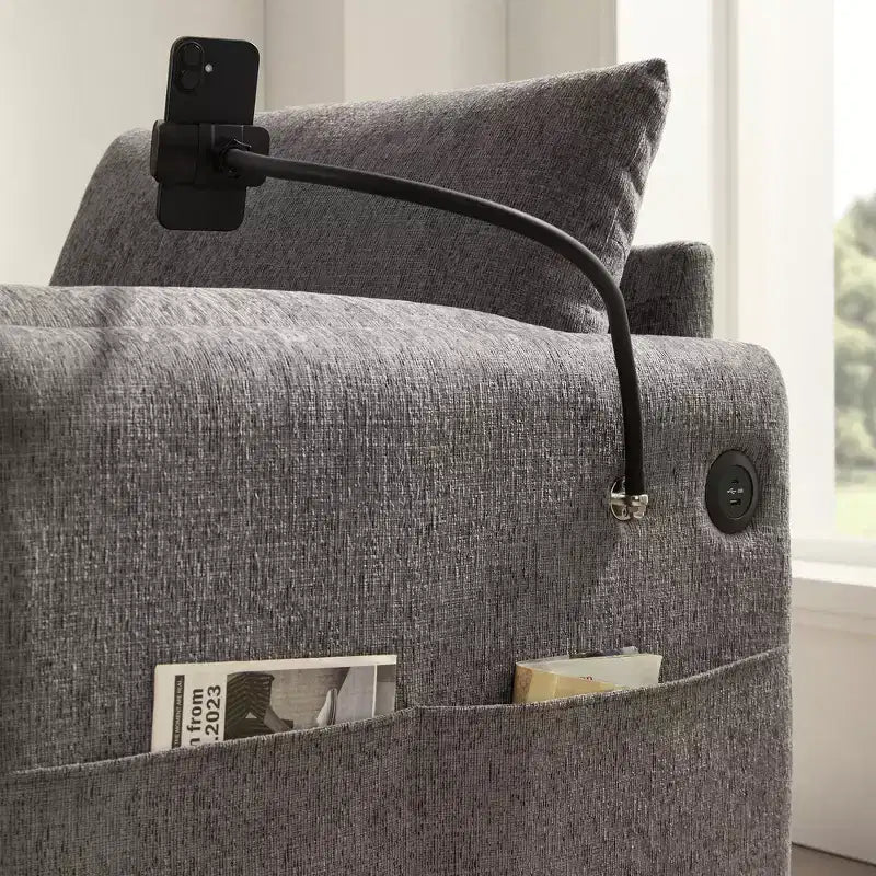Canapé simple et méridienne surdimensionnés en chenille avec pouf de rangement, support de téléphone réglable, ports de charge, poches latérales