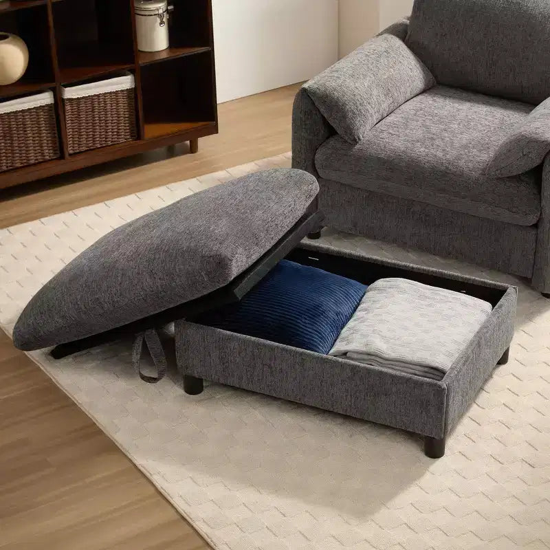 Canapé simple et méridienne surdimensionnés en chenille avec pouf de rangement, support de téléphone réglable, ports de charge, poches latérales
