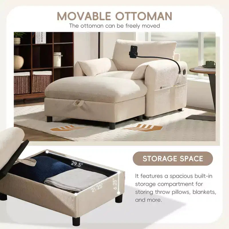 Canapé simple et méridienne surdimensionnés en chenille avec pouf de rangement, support de téléphone réglable, ports de charge, poches latérales