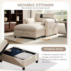 Canapé simple et méridienne surdimensionnés en chenille avec pouf de rangement, support de téléphone réglable, ports de charge, poches latérales